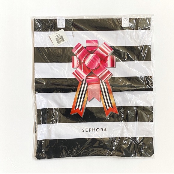 Sephora Handbags - Sephora black white stripe pink bow tote bag